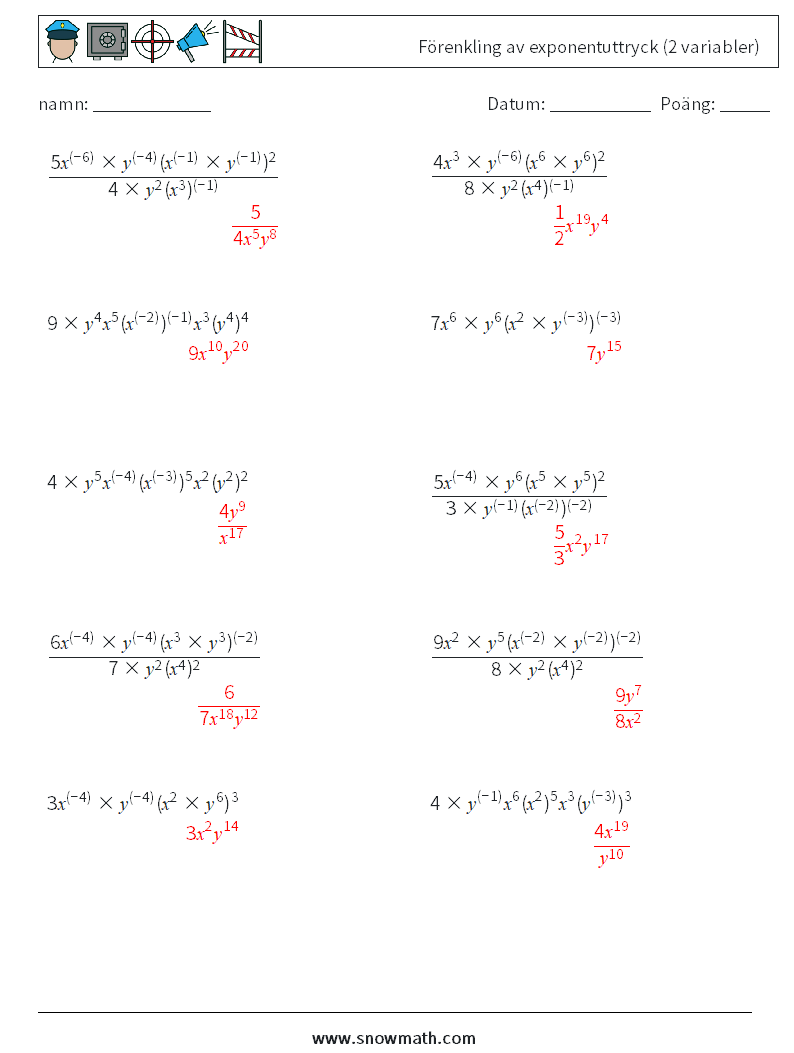  Förenkling av exponentuttryck (2 variabler) Matematiska arbetsblad 8 Fråga, svar