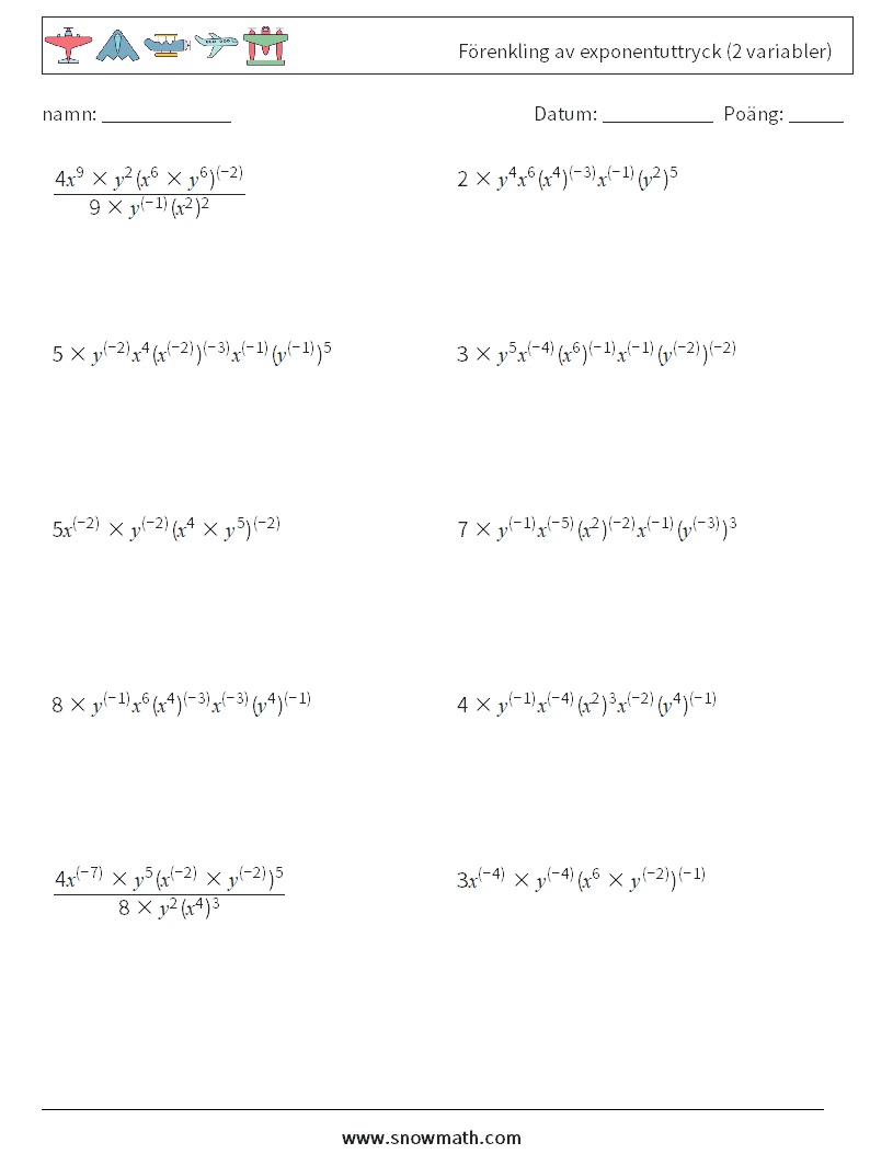  Förenkling av exponentuttryck (2 variabler) Matematiska arbetsblad 9