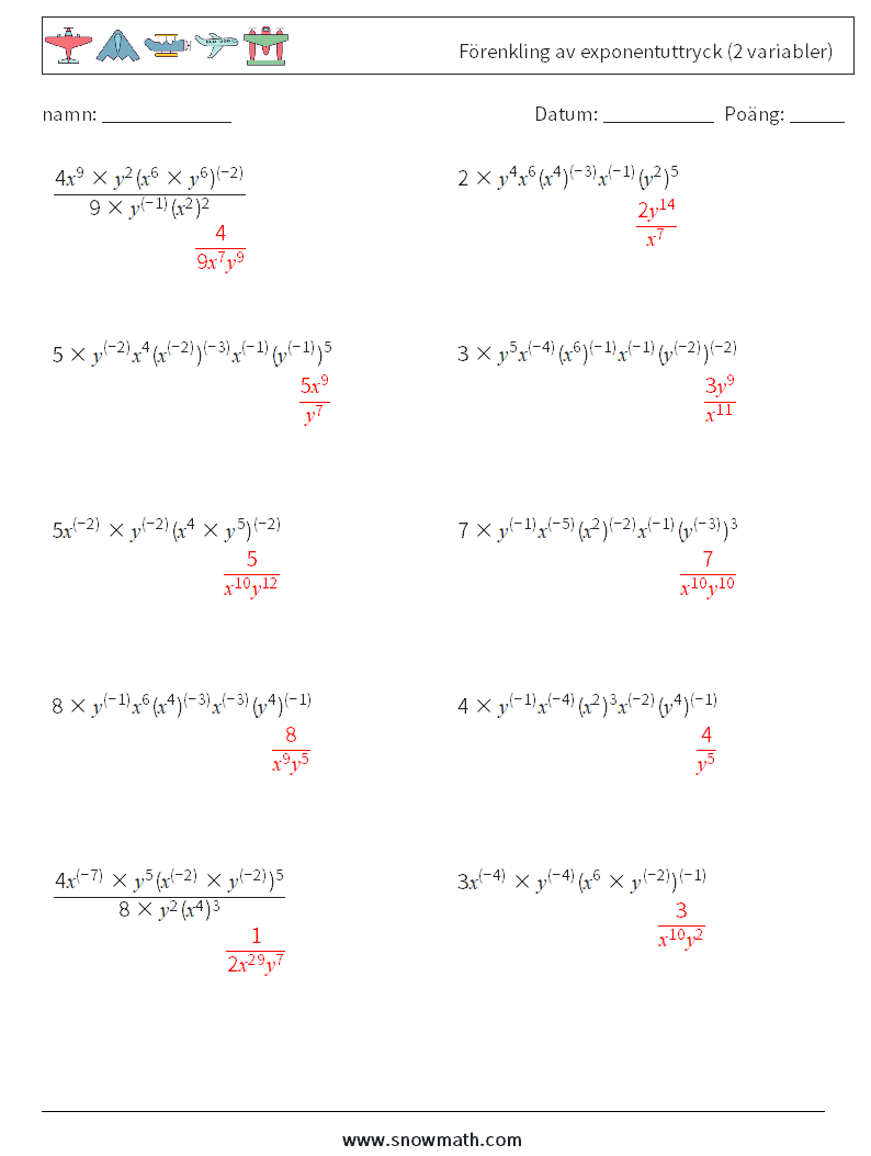  Förenkling av exponentuttryck (2 variabler) Matematiska arbetsblad 9 Fråga, svar