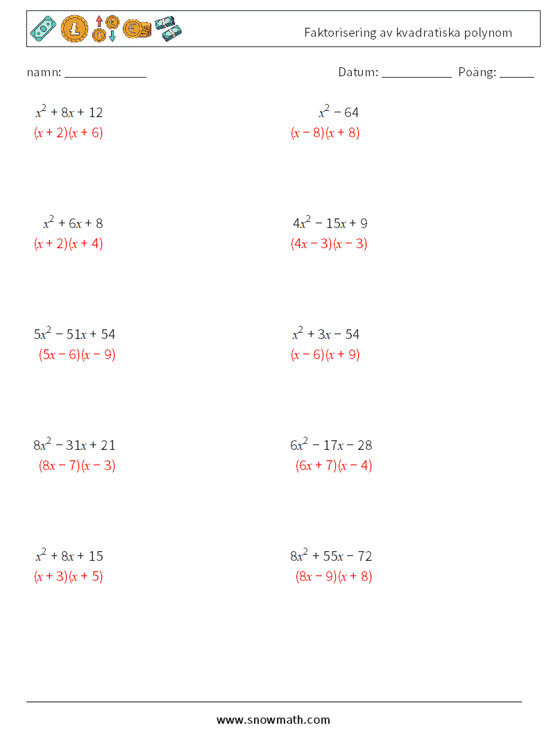 Faktorisering av kvadratiska polynom Matematiska arbetsblad 6 Fråga, svar