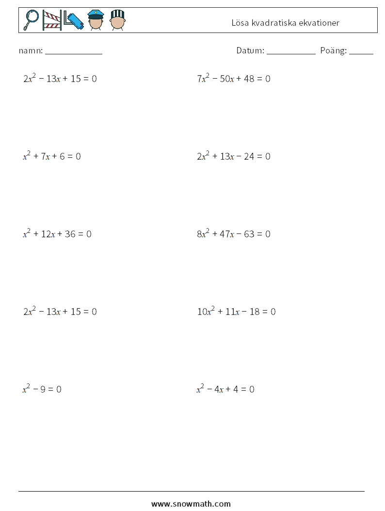 Lösa kvadratiska ekvationer Matematiska arbetsblad 1