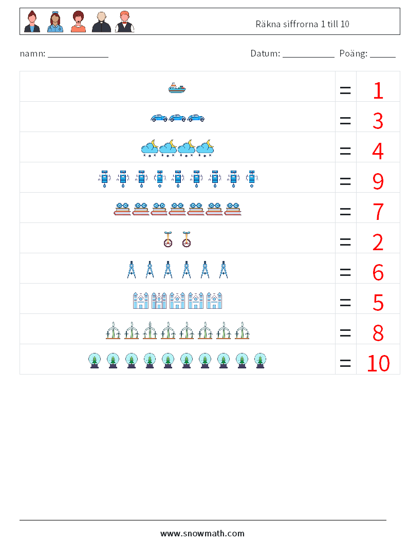 Räkna siffrorna 1 till 10 Matematiska arbetsblad 12 Fråga, svar