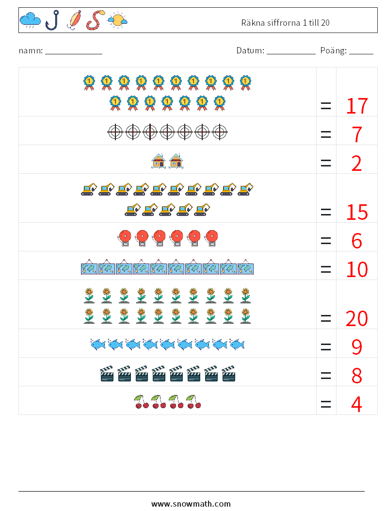 Räkna siffrorna 1 till 20 Matematiska arbetsblad 13 Fråga, svar