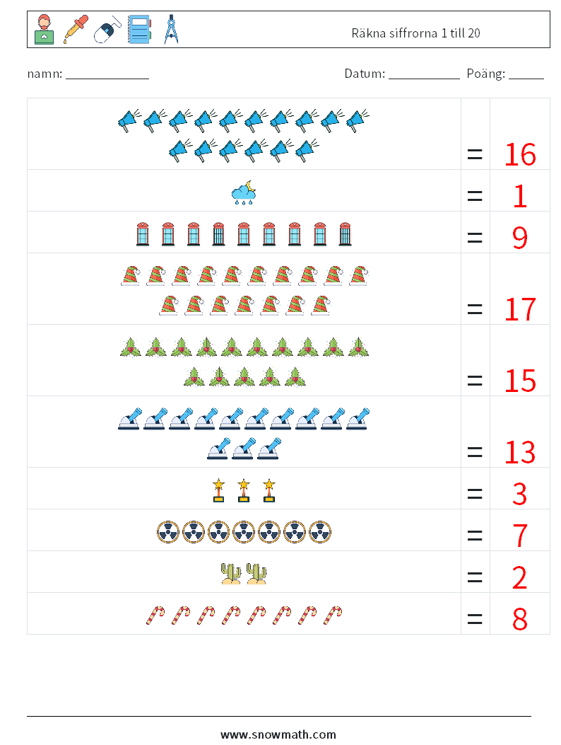 Räkna siffrorna 1 till 20 Matematiska arbetsblad 15 Fråga, svar