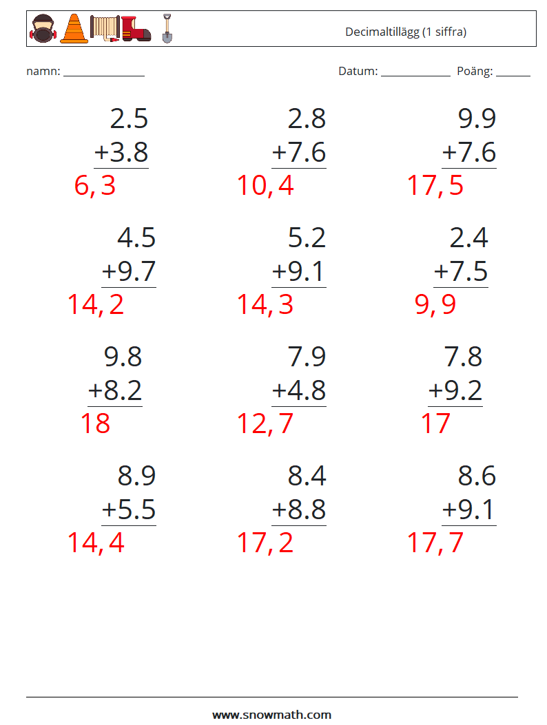 (12) Decimaltillägg (1 siffra) Matematiska arbetsblad 10 Fråga, svar