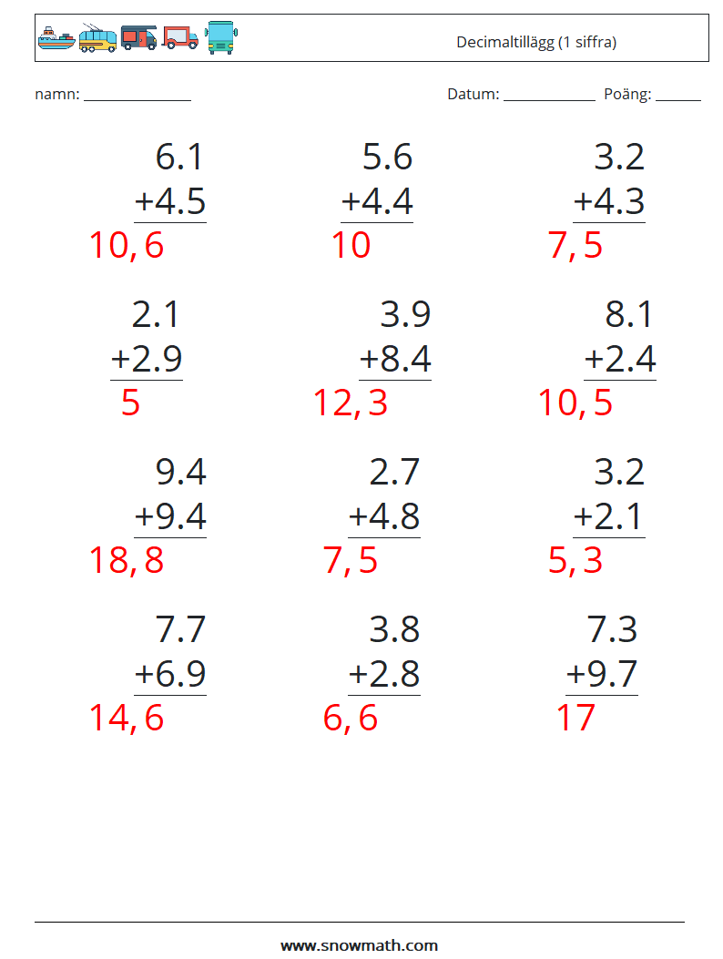 (12) Decimaltillägg (1 siffra) Matematiska arbetsblad 12 Fråga, svar