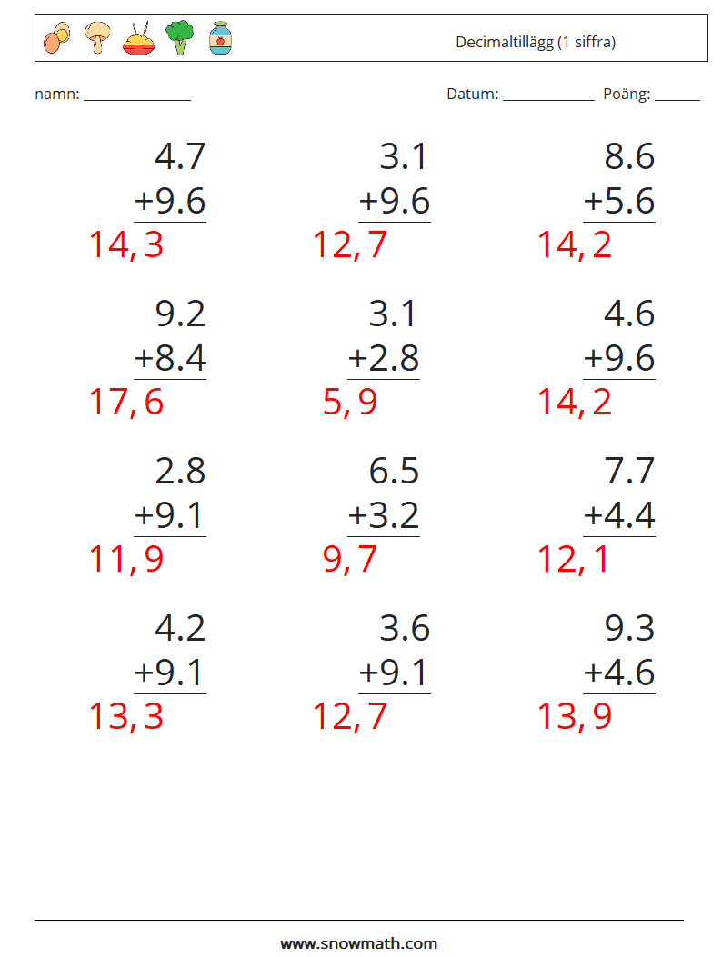 (12) Decimaltillägg (1 siffra) Matematiska arbetsblad 15 Fråga, svar