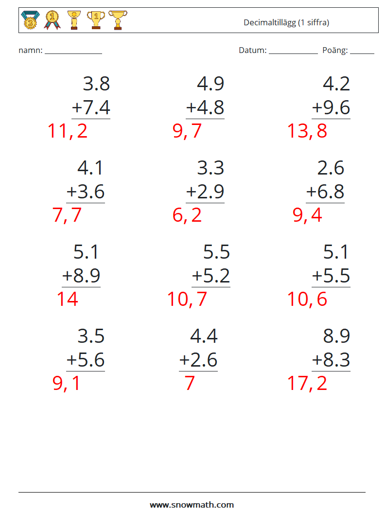 (12) Decimaltillägg (1 siffra) Matematiska arbetsblad 18 Fråga, svar