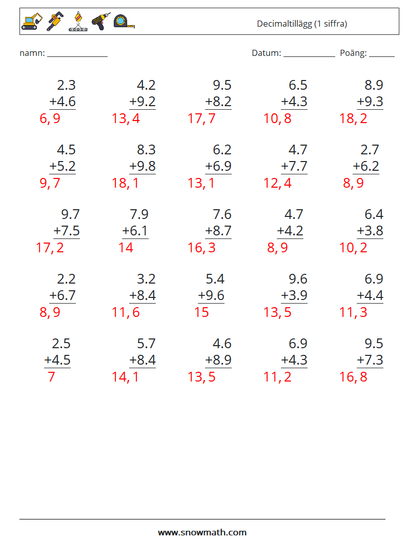 (25) Decimaltillägg (1 siffra) Matematiska arbetsblad 14 Fråga, svar