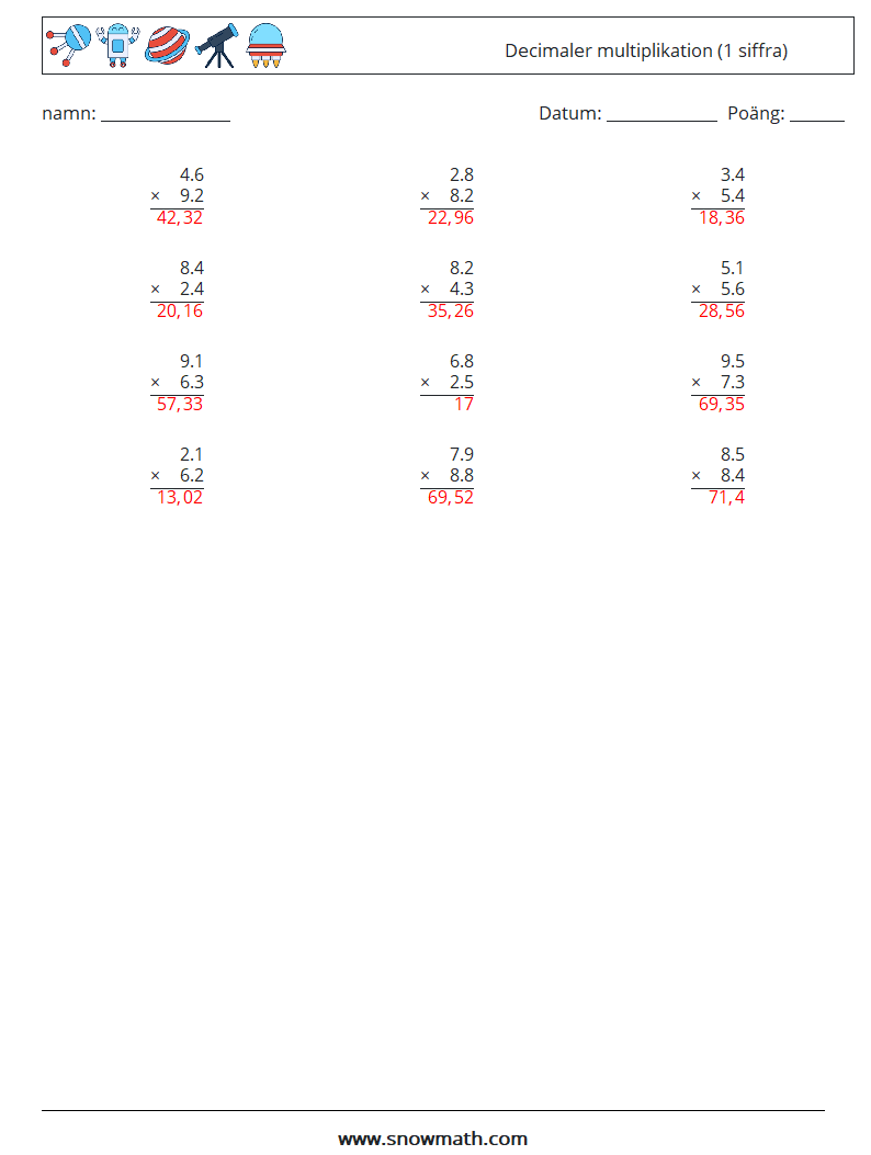 (12) Decimaler multiplikation (1 siffra) Matematiska arbetsblad 10 Fråga, svar
