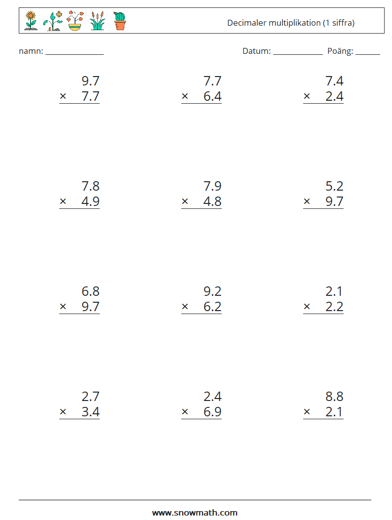 (12) Decimaler multiplikation (1 siffra) Matematiska arbetsblad 11
