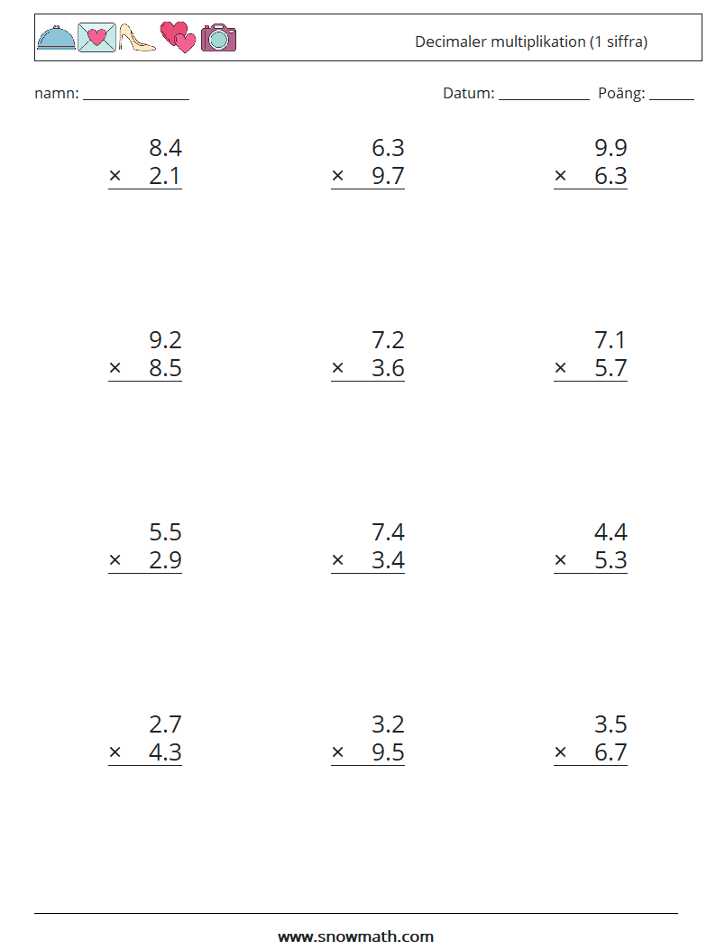 (12) Decimaler multiplikation (1 siffra) Matematiska arbetsblad 12