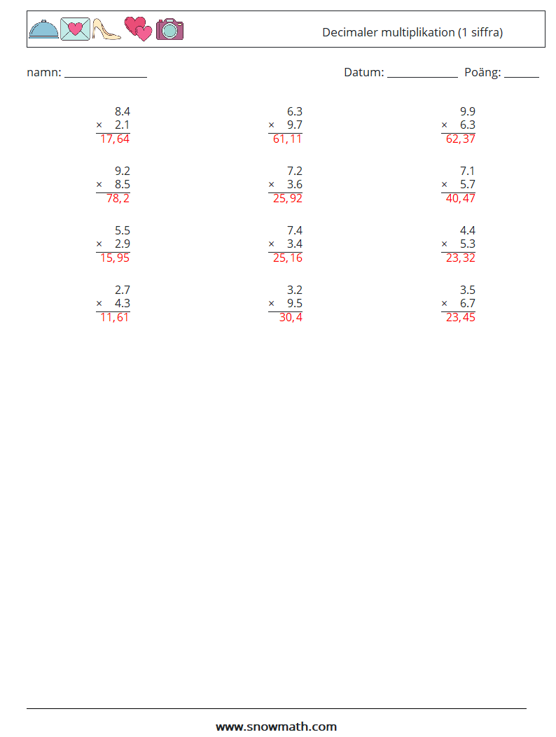 (12) Decimaler multiplikation (1 siffra) Matematiska arbetsblad 12 Fråga, svar