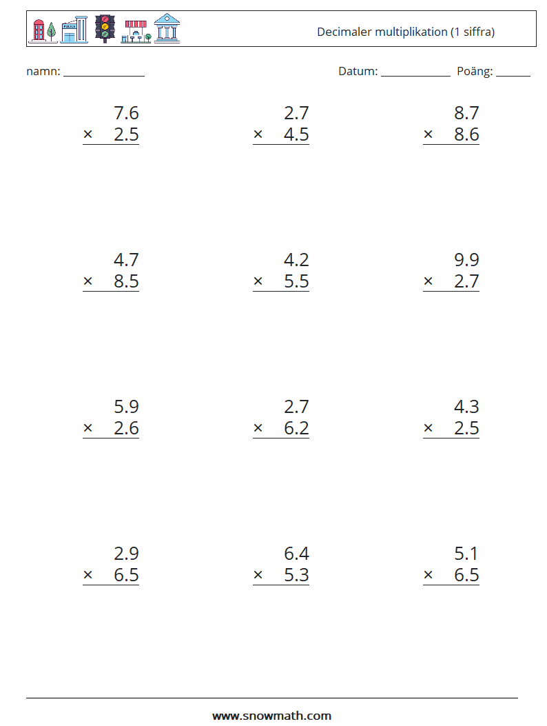 (12) Decimaler multiplikation (1 siffra) Matematiska arbetsblad 13