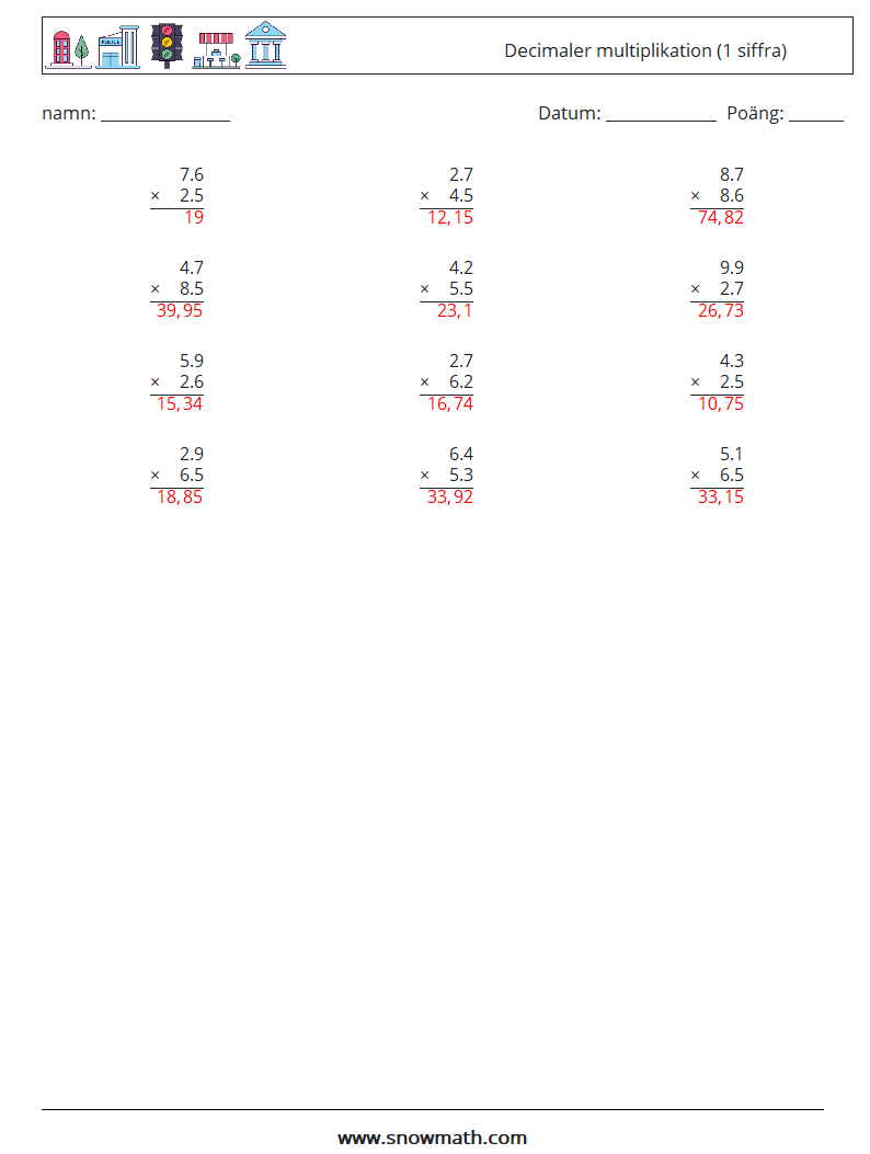 (12) Decimaler multiplikation (1 siffra) Matematiska arbetsblad 13 Fråga, svar