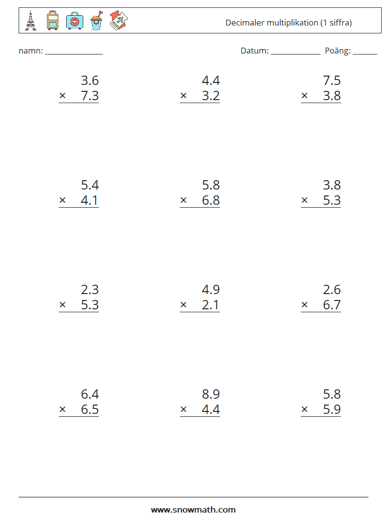 (12) Decimaler multiplikation (1 siffra) Matematiska arbetsblad 14