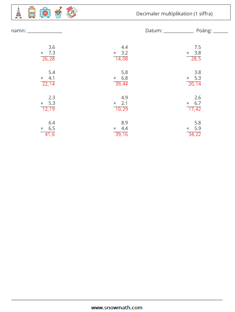 (12) Decimaler multiplikation (1 siffra) Matematiska arbetsblad 14 Fråga, svar