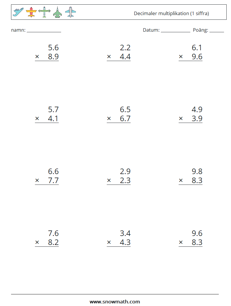 (12) Decimaler multiplikation (1 siffra) Matematiska arbetsblad 15