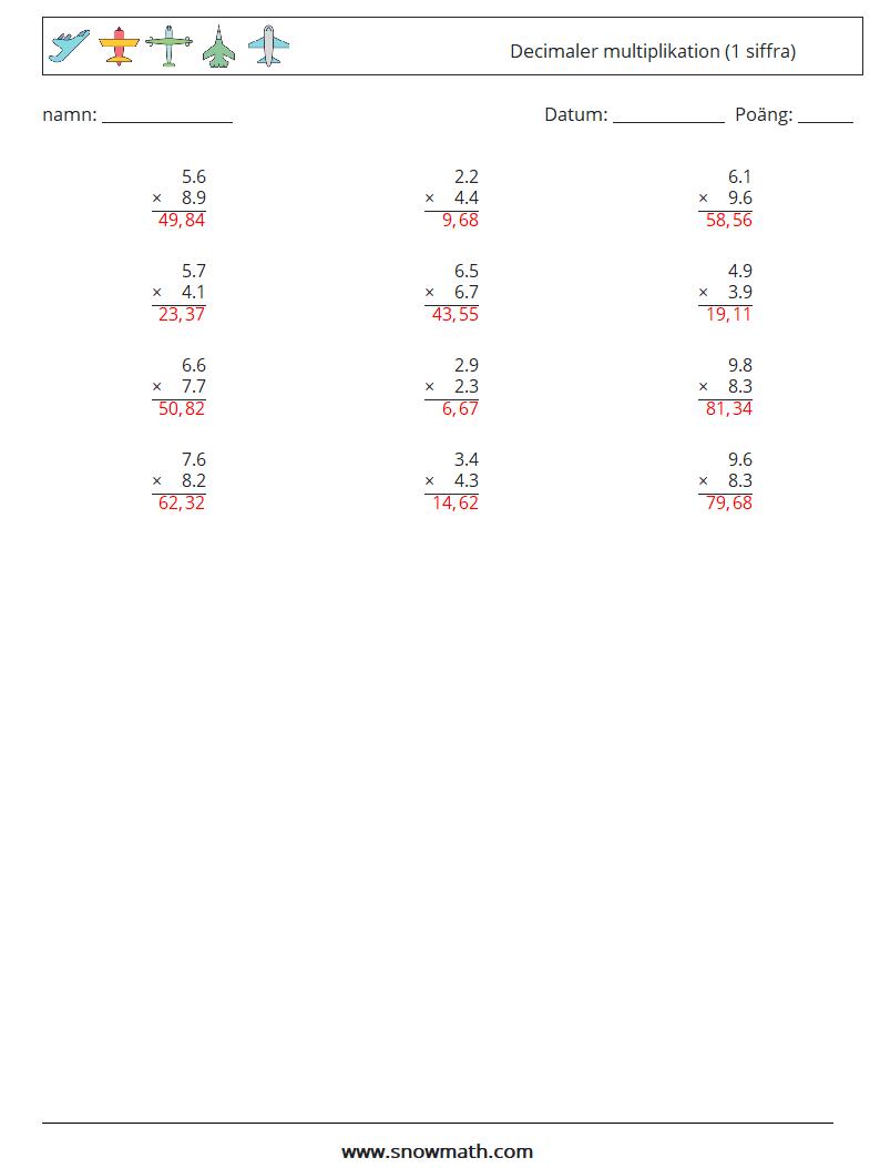 (12) Decimaler multiplikation (1 siffra) Matematiska arbetsblad 15 Fråga, svar