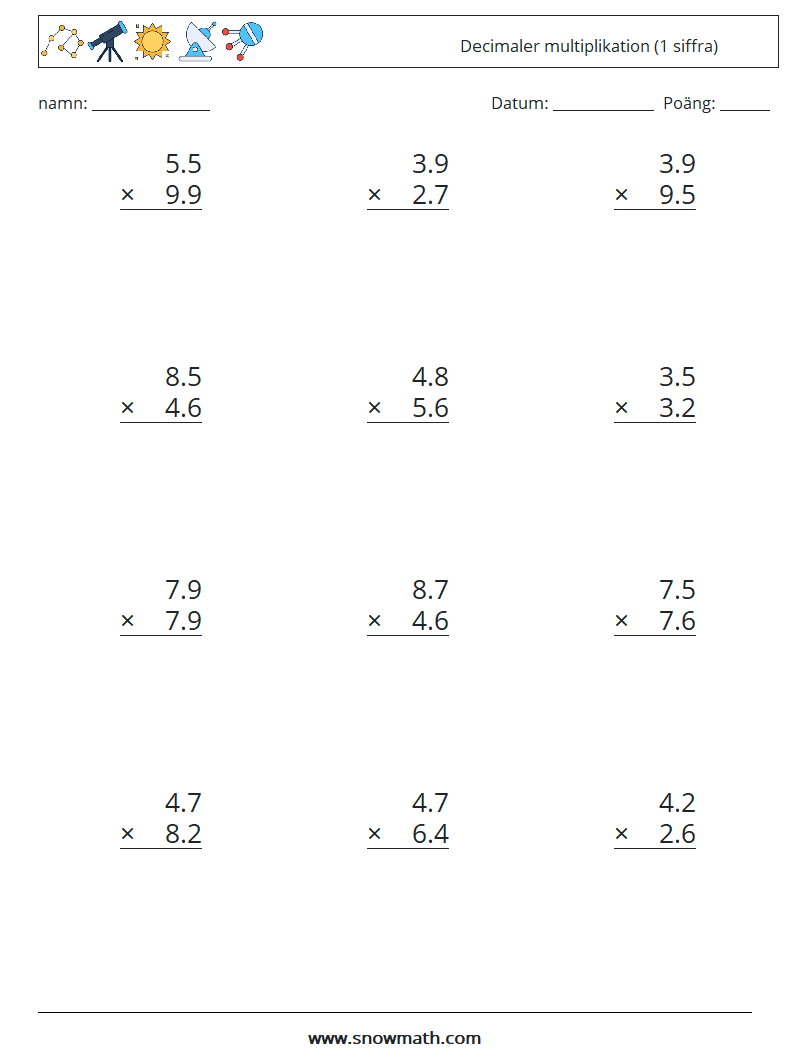 (12) Decimaler multiplikation (1 siffra) Matematiska arbetsblad 16