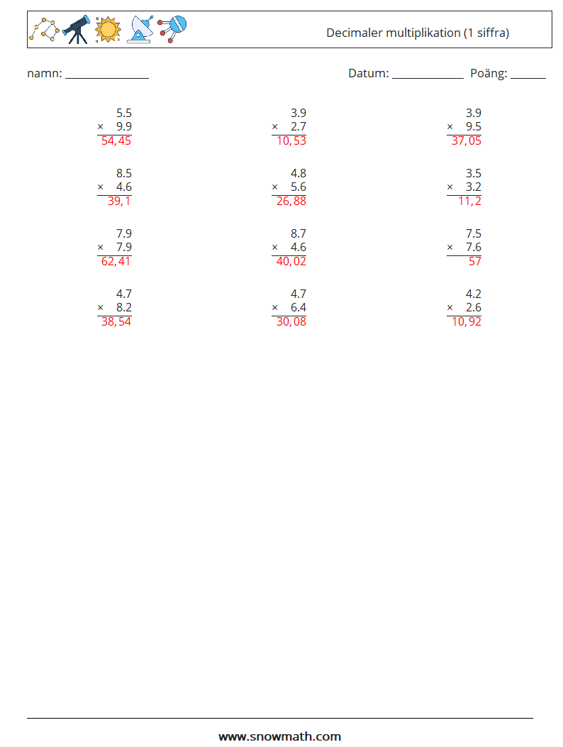 (12) Decimaler multiplikation (1 siffra) Matematiska arbetsblad 16 Fråga, svar