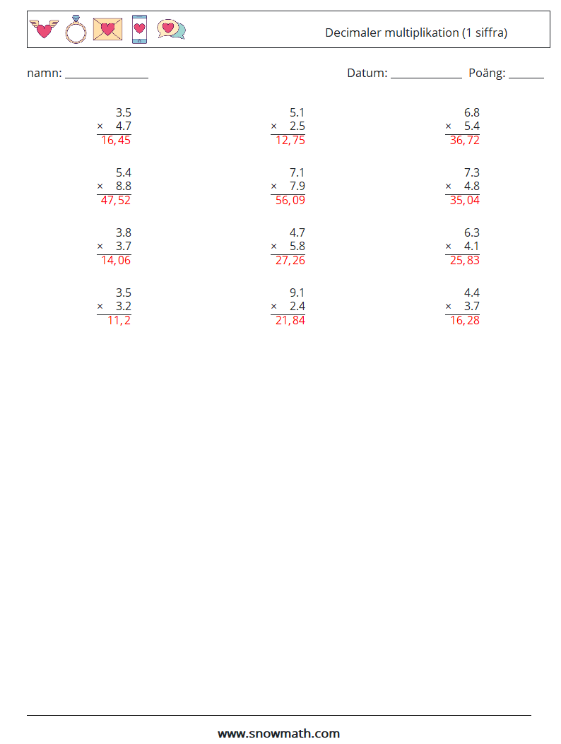 (12) Decimaler multiplikation (1 siffra) Matematiska arbetsblad 17 Fråga, svar