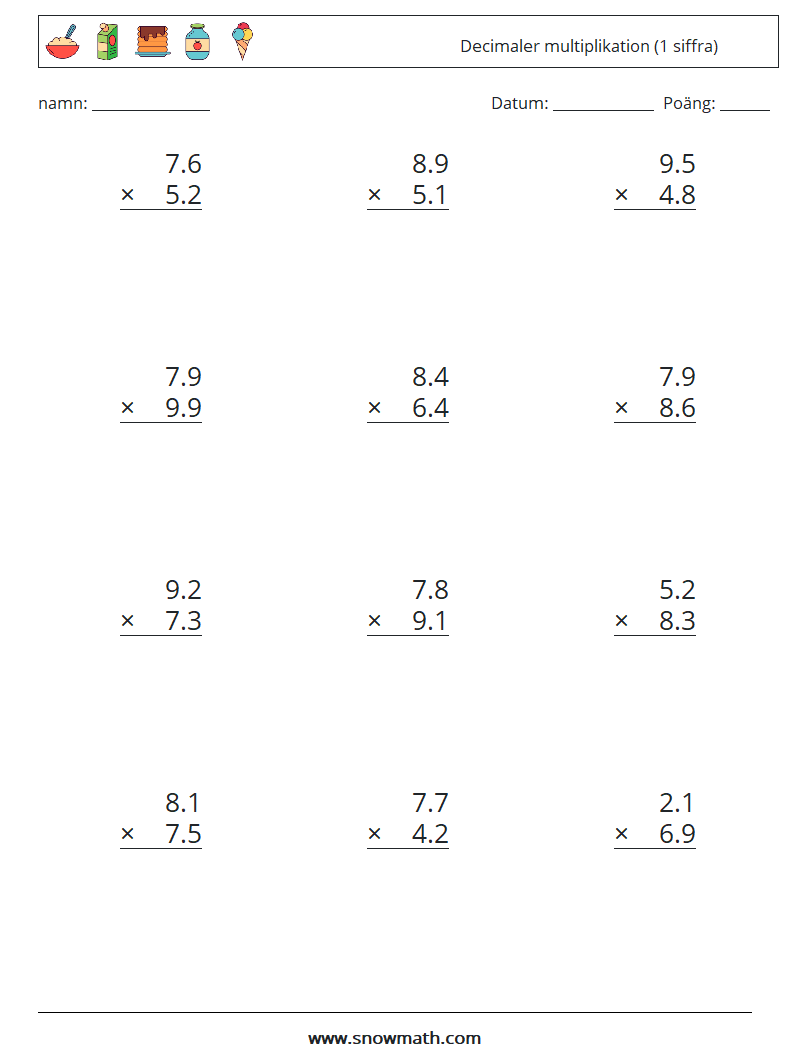(12) Decimaler multiplikation (1 siffra) Matematiska arbetsblad 18