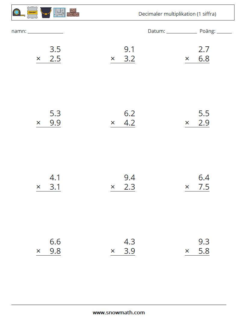 (12) Decimaler multiplikation (1 siffra) Matematiska arbetsblad 2