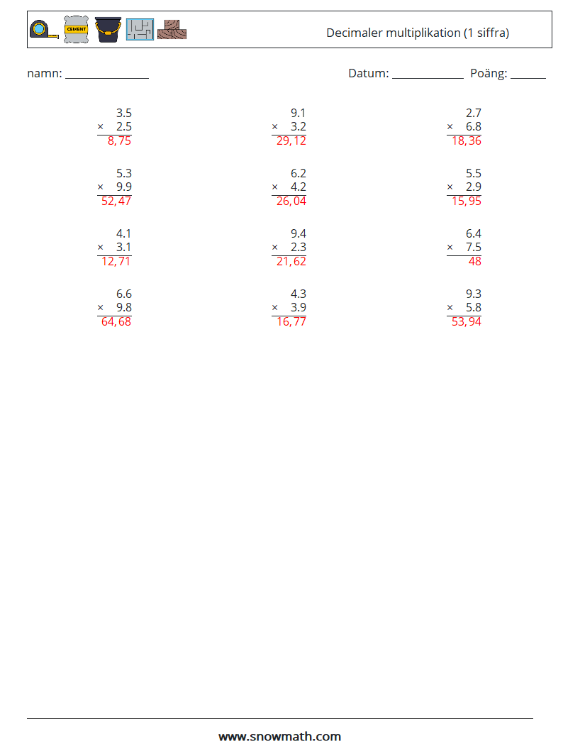 (12) Decimaler multiplikation (1 siffra) Matematiska arbetsblad 2 Fråga, svar