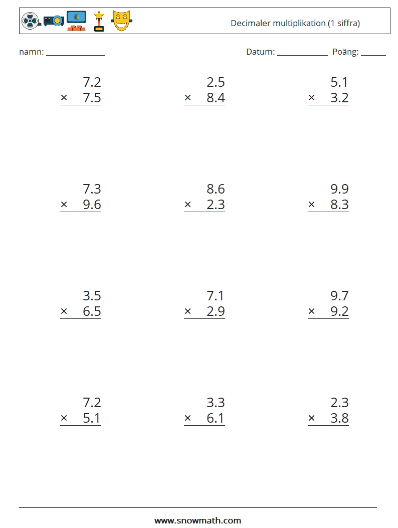 (12) Decimaler multiplikation (1 siffra) Matematiska arbetsblad 3