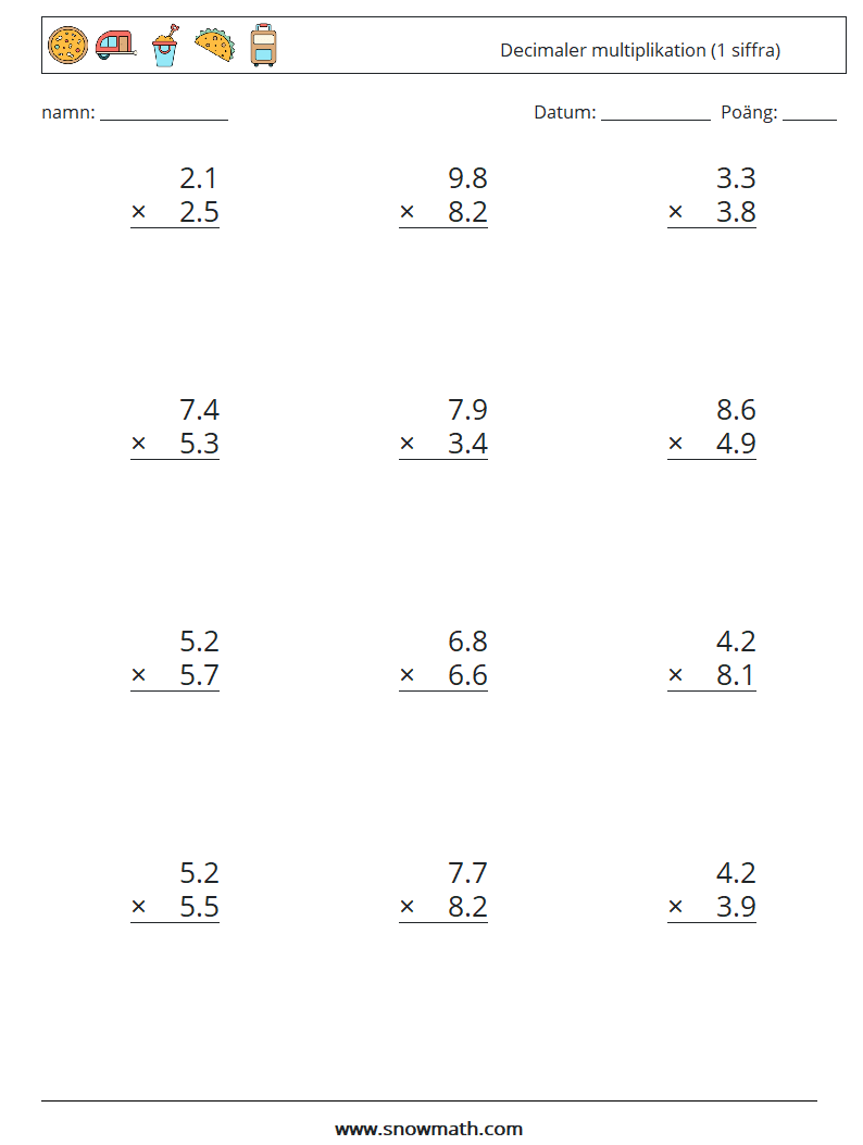 (12) Decimaler multiplikation (1 siffra) Matematiska arbetsblad 4
