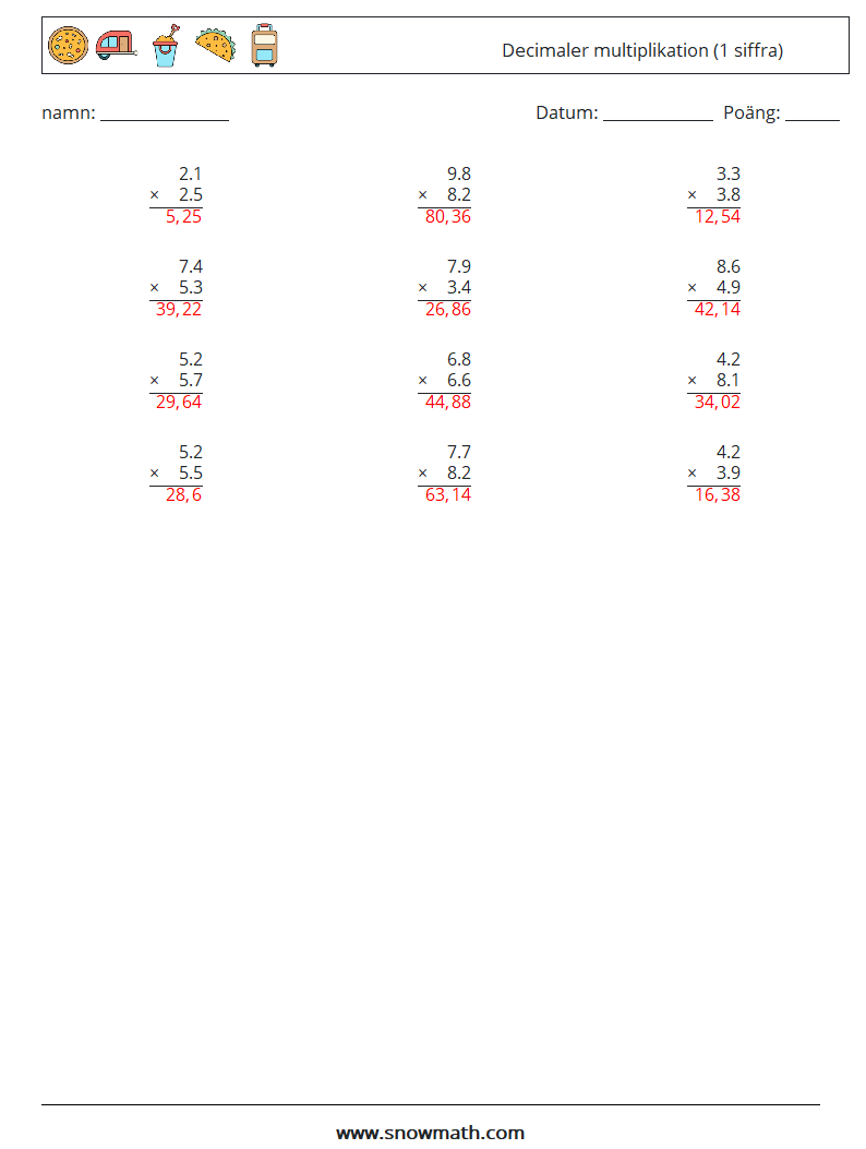 (12) Decimaler multiplikation (1 siffra) Matematiska arbetsblad 4 Fråga, svar