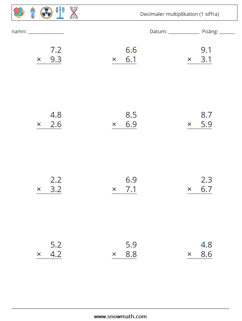 (12) Decimaler multiplikation (1 siffra) Matematiska arbetsblad 5