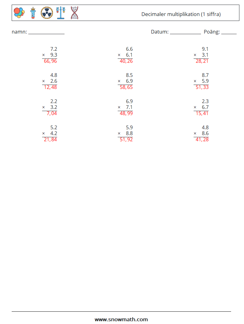 (12) Decimaler multiplikation (1 siffra) Matematiska arbetsblad 5 Fråga, svar