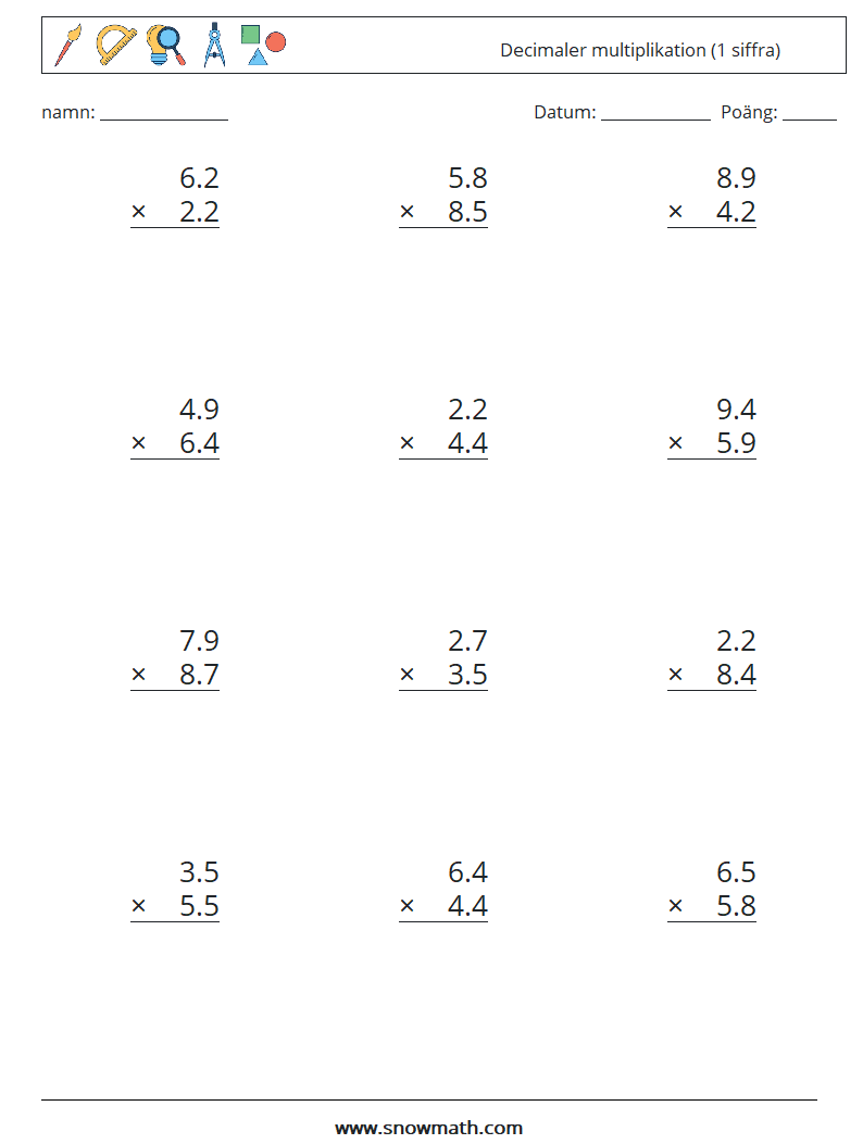 (12) Decimaler multiplikation (1 siffra) Matematiska arbetsblad 6