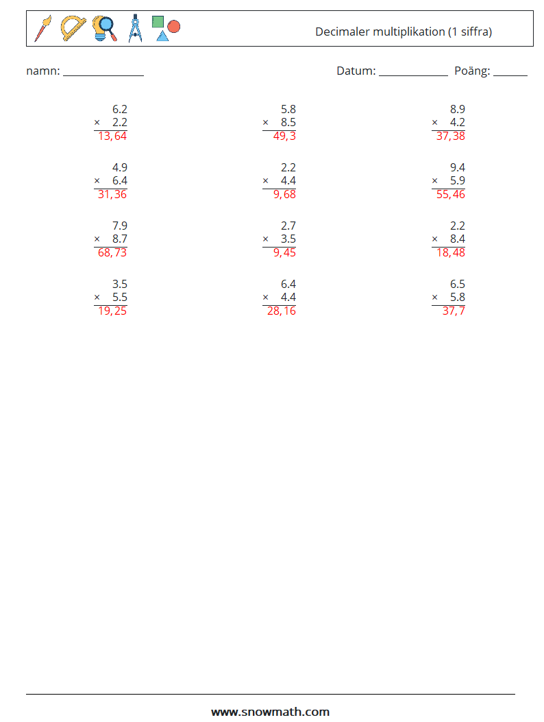 (12) Decimaler multiplikation (1 siffra) Matematiska arbetsblad 6 Fråga, svar