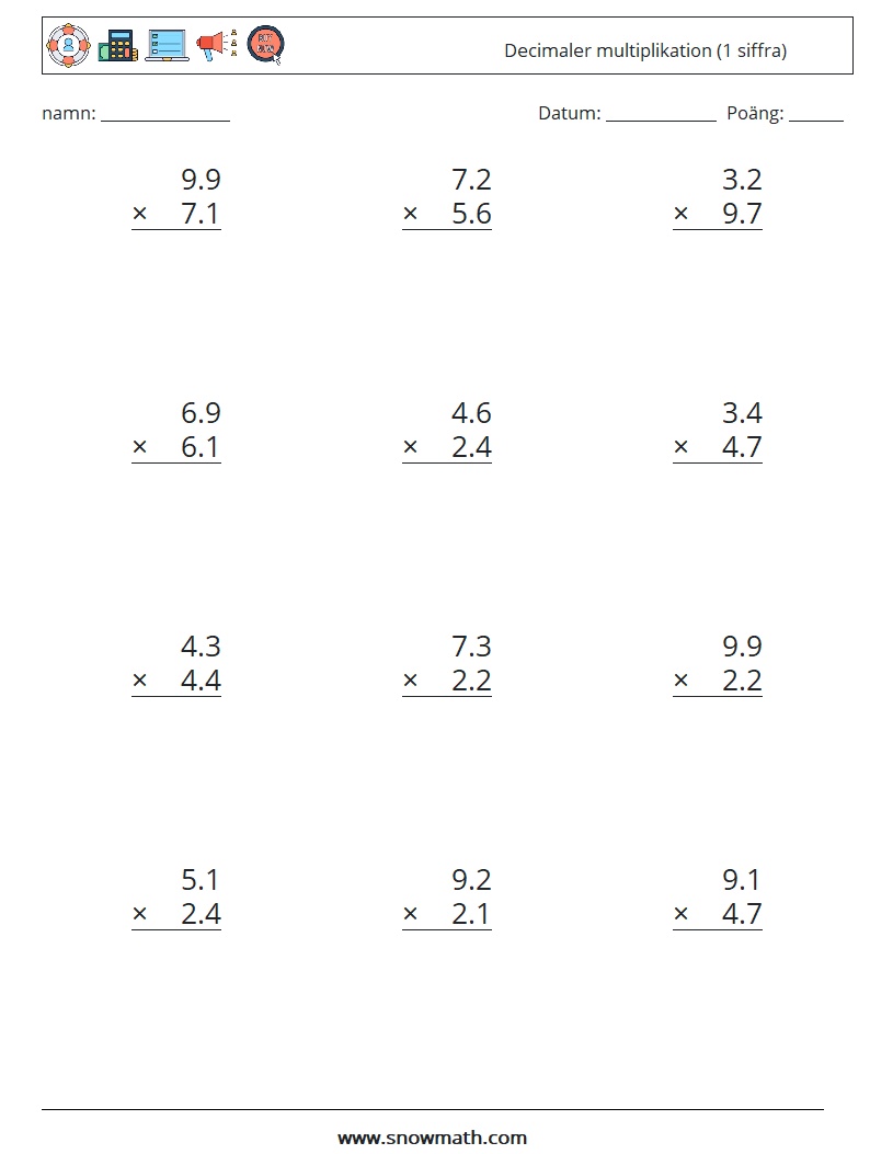 (12) Decimaler multiplikation (1 siffra) Matematiska arbetsblad 7