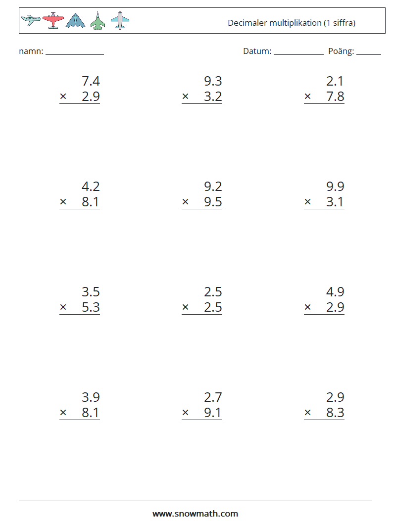 (12) Decimaler multiplikation (1 siffra) Matematiska arbetsblad 8