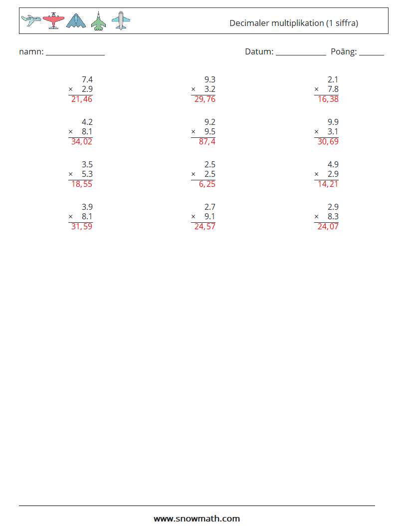 (12) Decimaler multiplikation (1 siffra) Matematiska arbetsblad 8 Fråga, svar