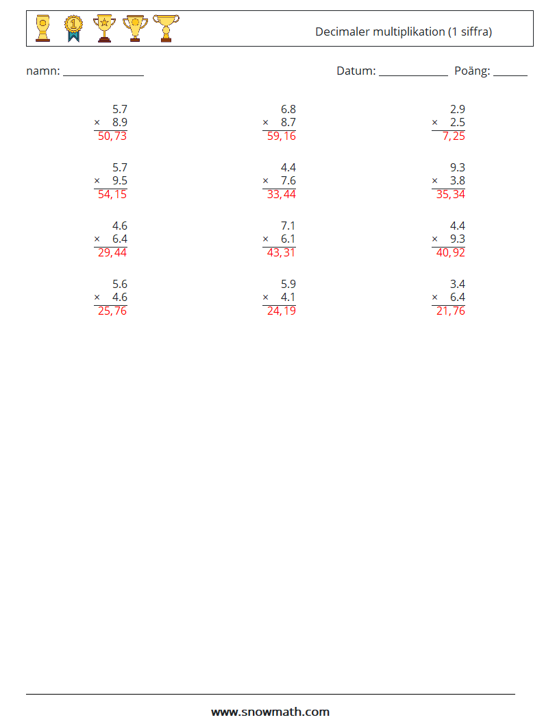 (12) Decimaler multiplikation (1 siffra) Matematiska arbetsblad 9 Fråga, svar