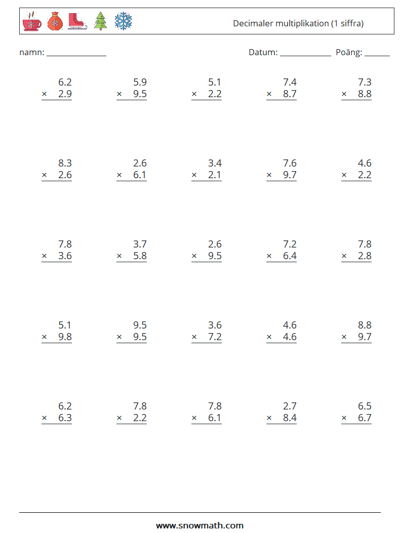 (25) Decimaler multiplikation (1 siffra) Matematiska arbetsblad 3
