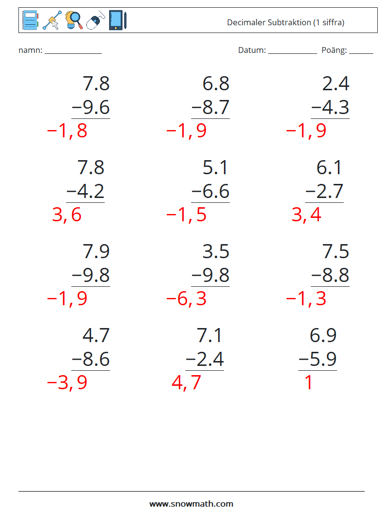 (12) Decimaler Subtraktion (1 siffra) Matematiska arbetsblad 11 Fråga, svar