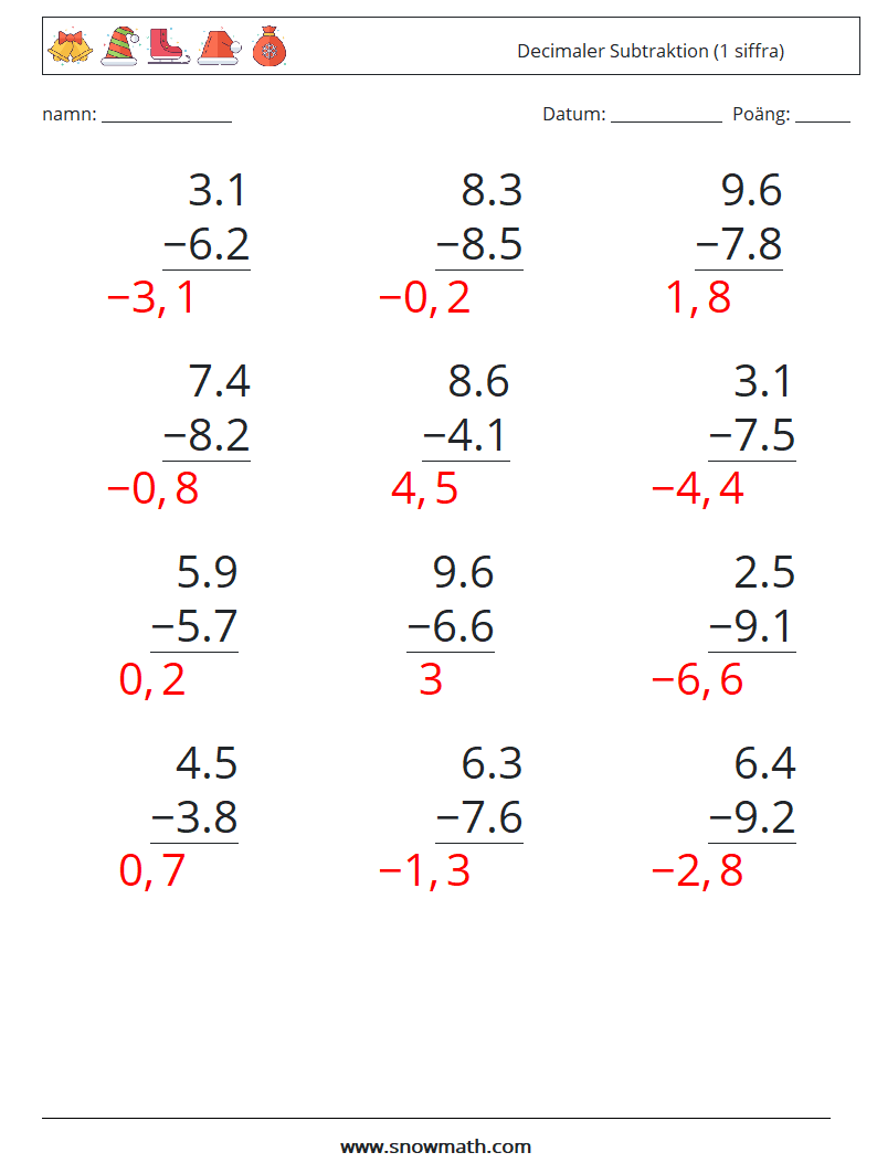 (12) Decimaler Subtraktion (1 siffra) Matematiska arbetsblad 16 Fråga, svar