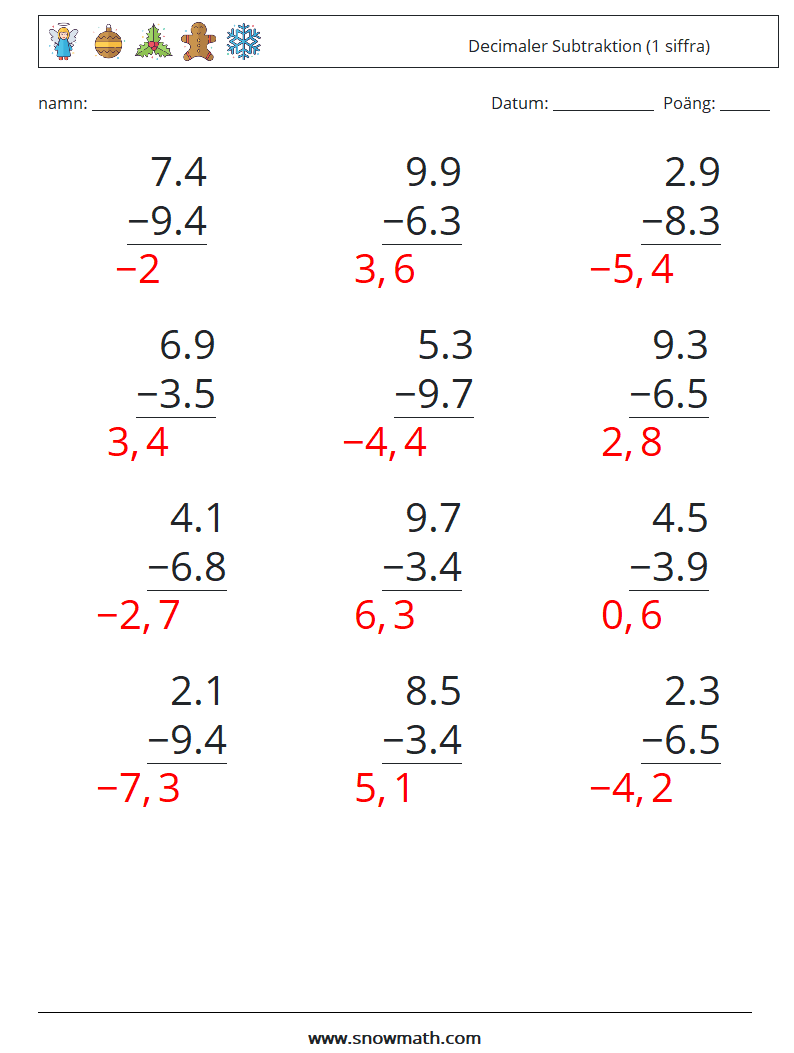 (12) Decimaler Subtraktion (1 siffra) Matematiska arbetsblad 4 Fråga, svar