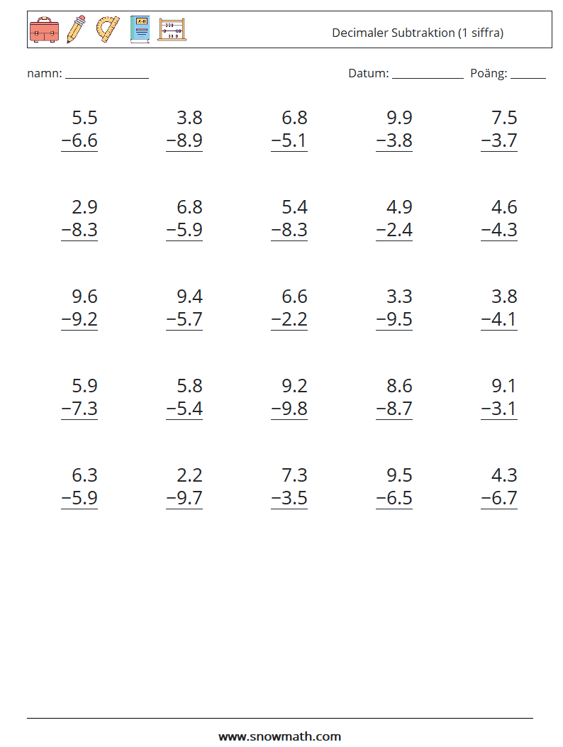 (25) Decimaler Subtraktion (1 siffra) Matematiska arbetsblad 1