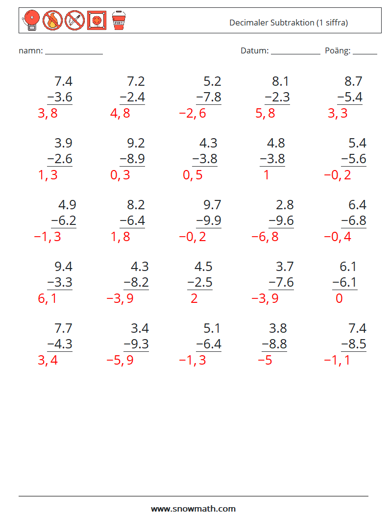 (25) Decimaler Subtraktion (1 siffra) Matematiska arbetsblad 10 Fråga, svar