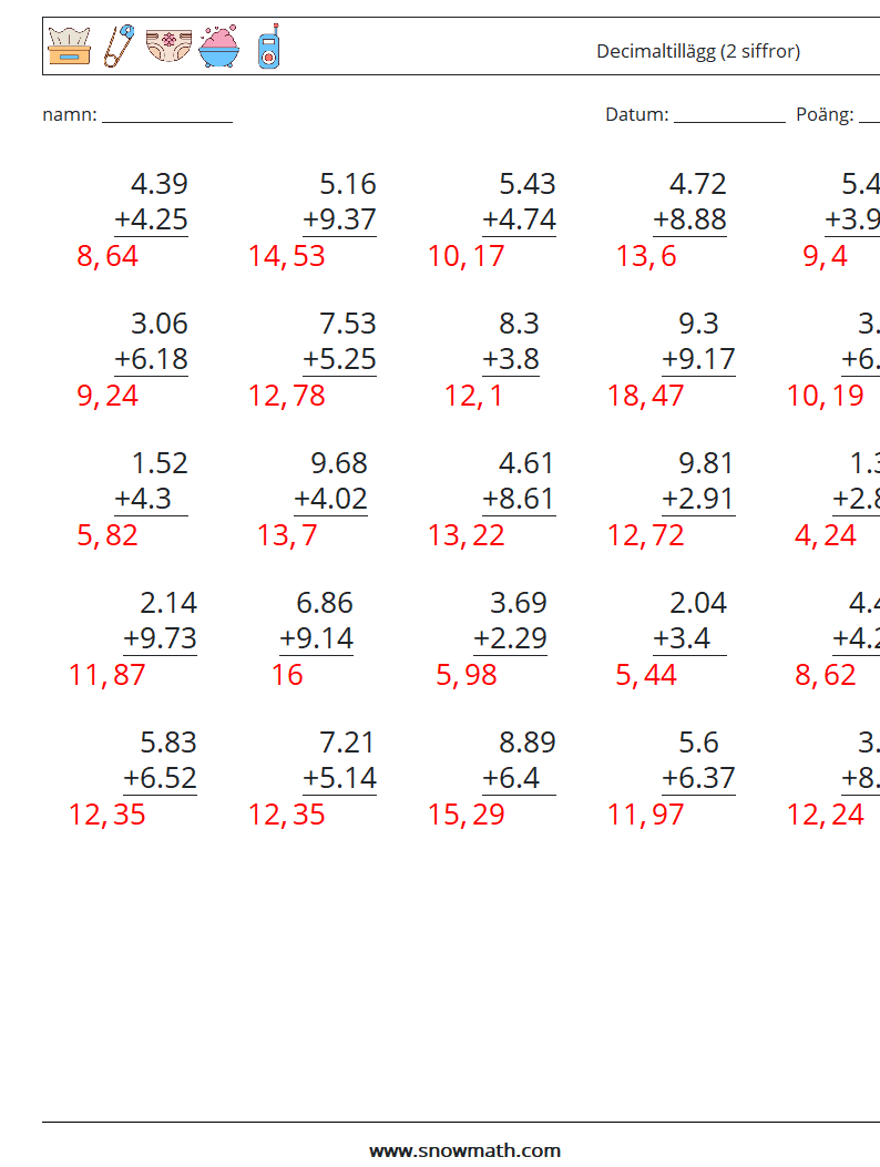 (25) Decimaltillägg (2 siffror) Matematiska arbetsblad 16 Fråga, svar