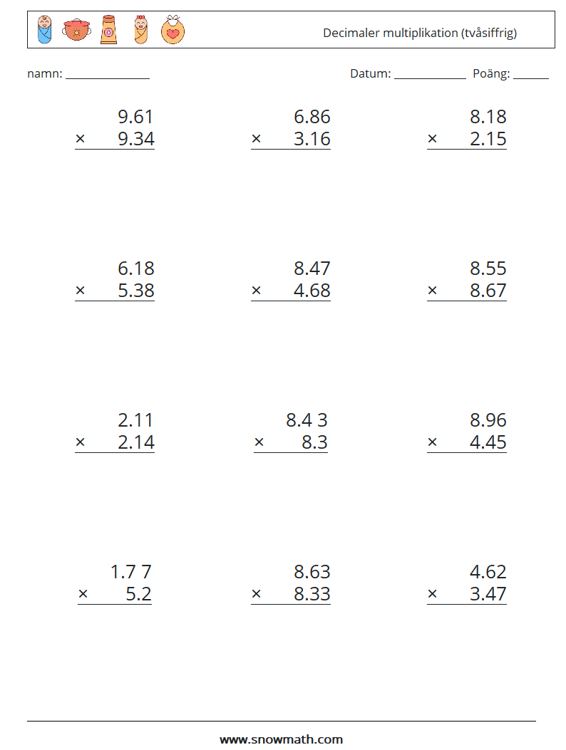 (12) Decimaler multiplikation (tvåsiffrig) Matematiska arbetsblad 1