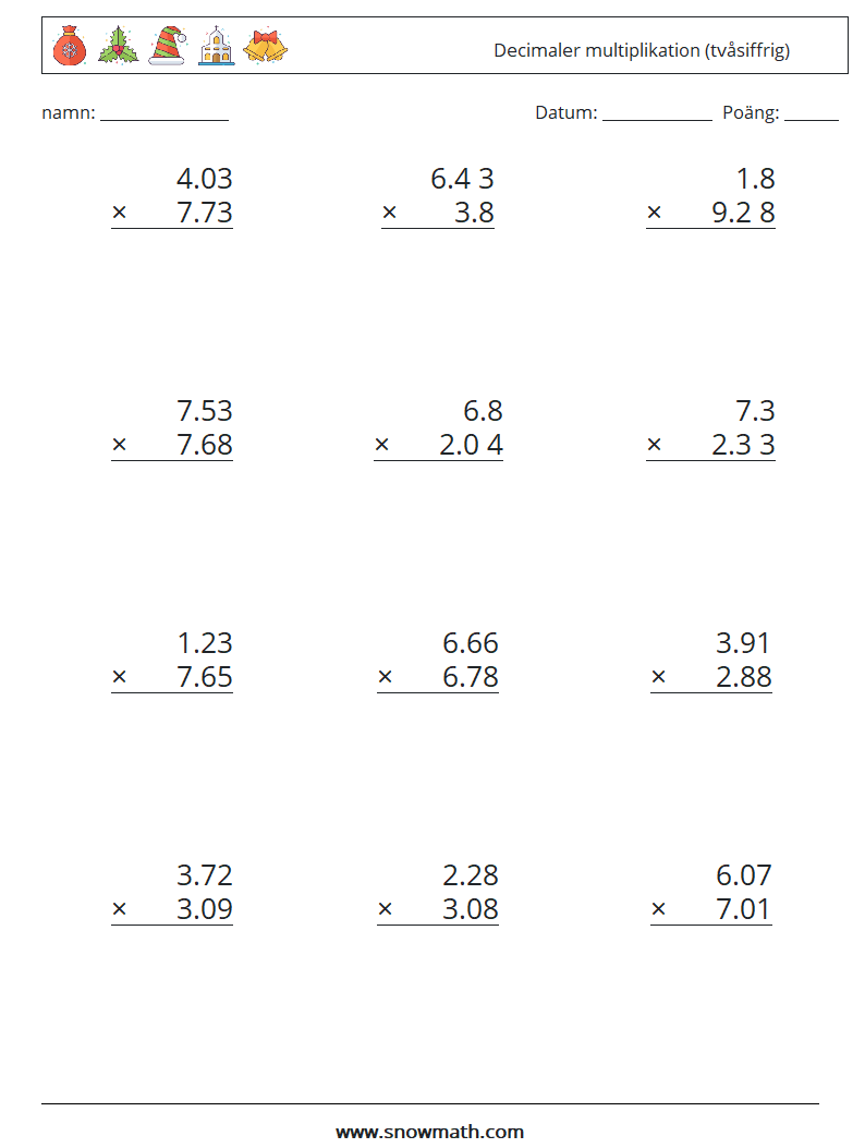 (12) Decimaler multiplikation (tvåsiffrig) Matematiska arbetsblad 8
