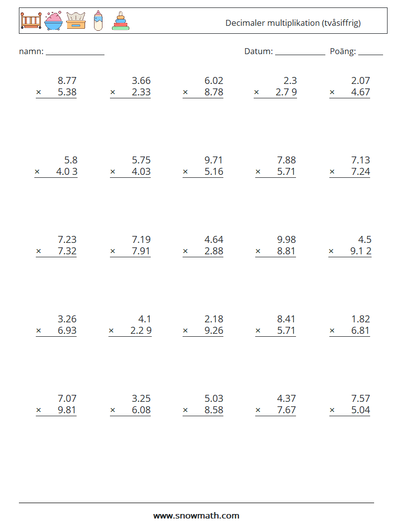 (25) Decimaler multiplikation (tvåsiffrig) Matematiska arbetsblad 1